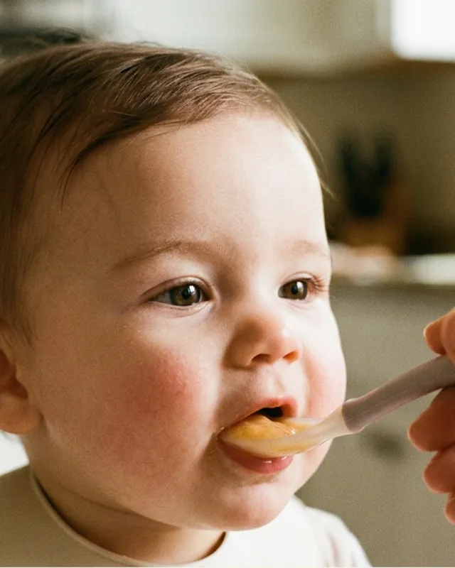 A baby taking food from a spoon and swallowing instead of pushing it out